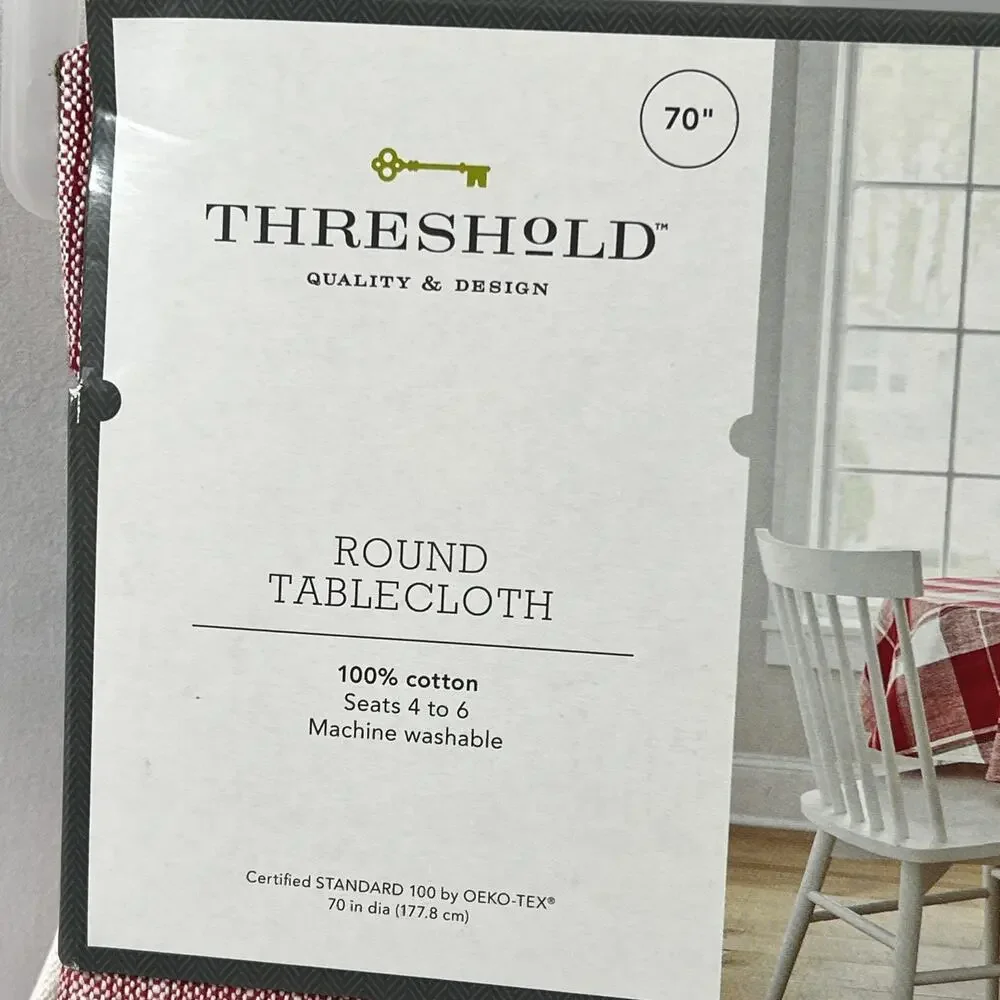 Threshold Round Tablecloth 100% Cotton Red White Green Plaid Holiday Christmas